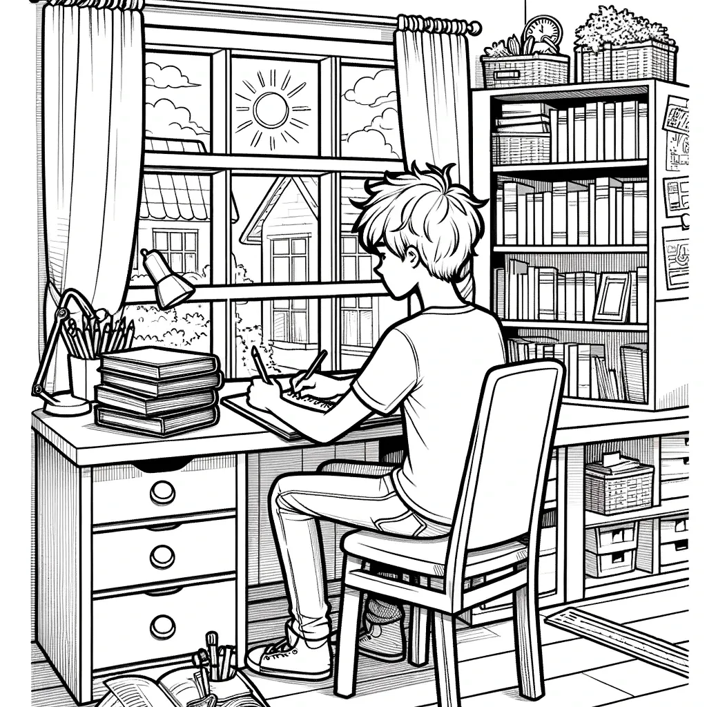 Teenager lernt am Schreibtisch mit Büchern