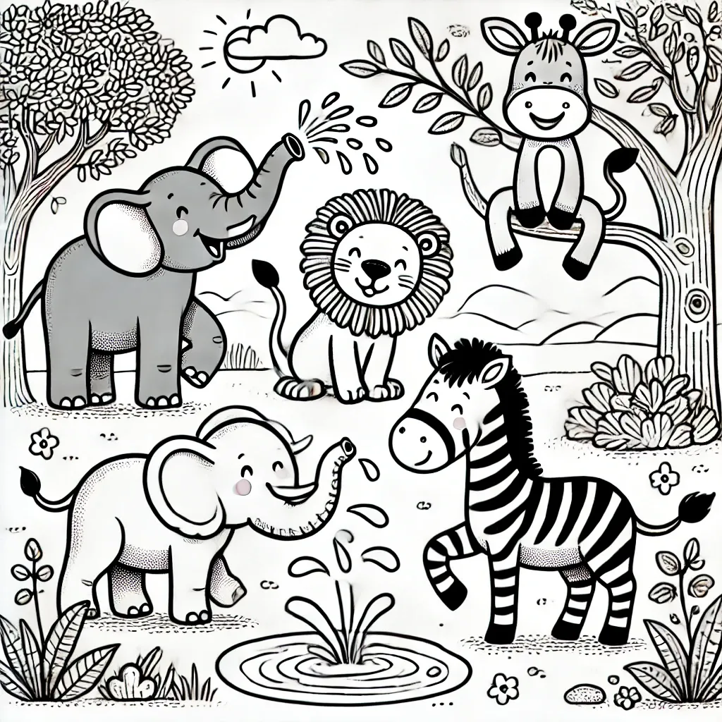 Elefanten, Zebra, Löwe und Giraffe in der Natur