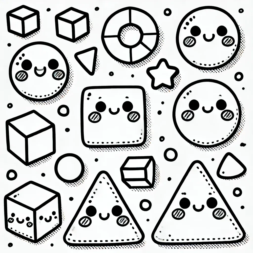 Würfel, Kreise und Dreiecke mit fröhlichen Gesichtern