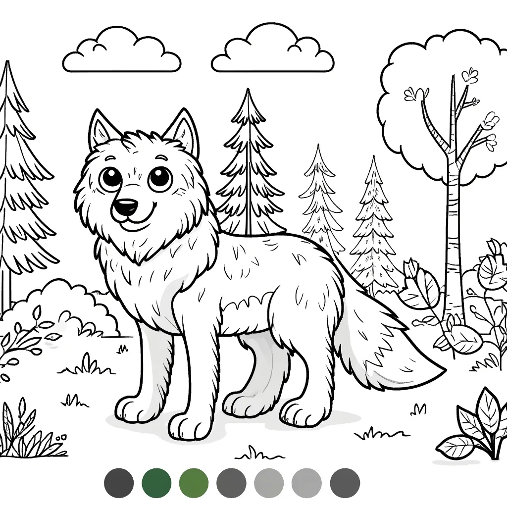 Freundlicher Wolf mit flauschigem Fell im Wald mit Tannen