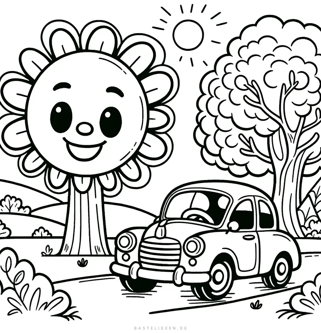 Fröhliches Auto mit Sonnenschein