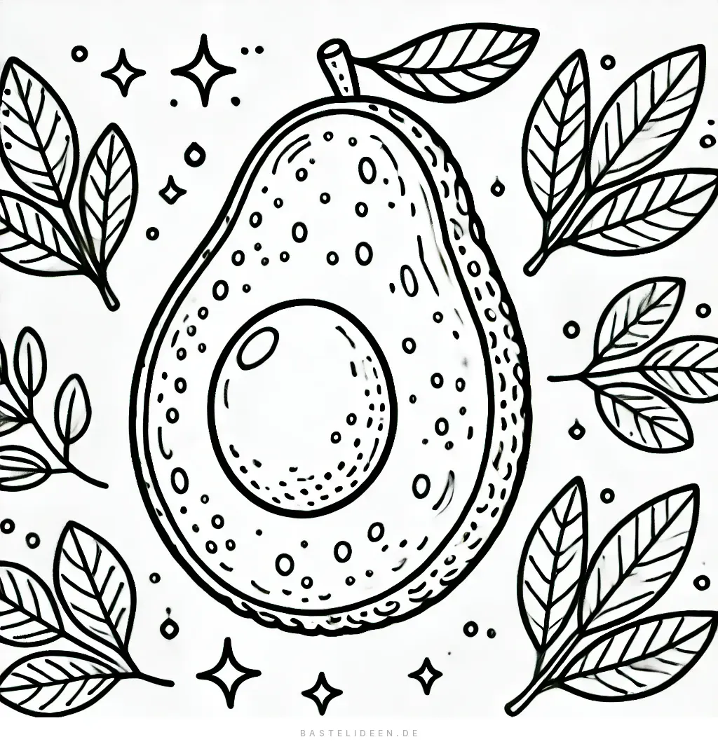 Wunderschön illustrierte Avocado mit Blättern und Sternen