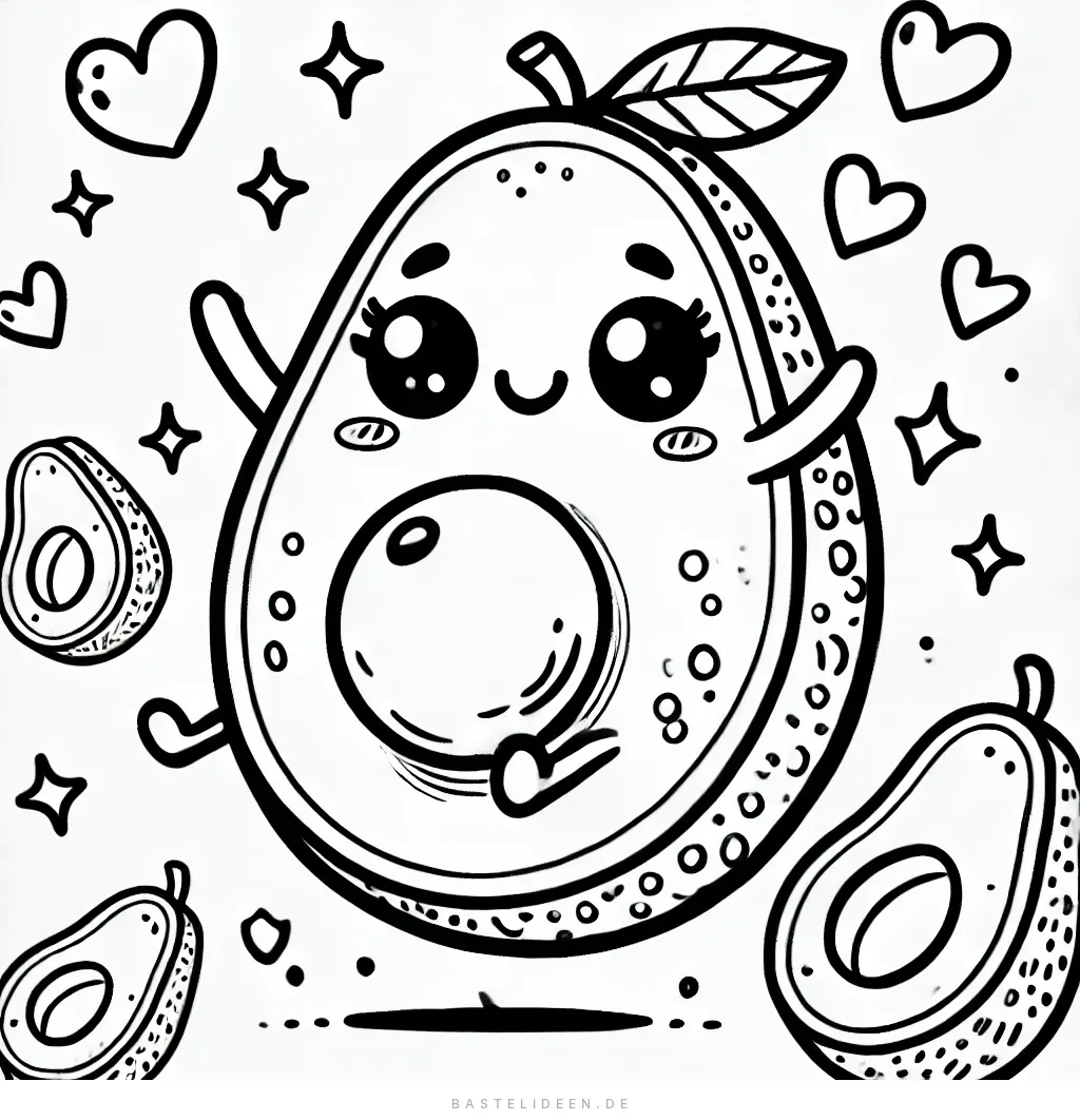 Niedliche Avocado mit Lächeln, Herzen und Sternen