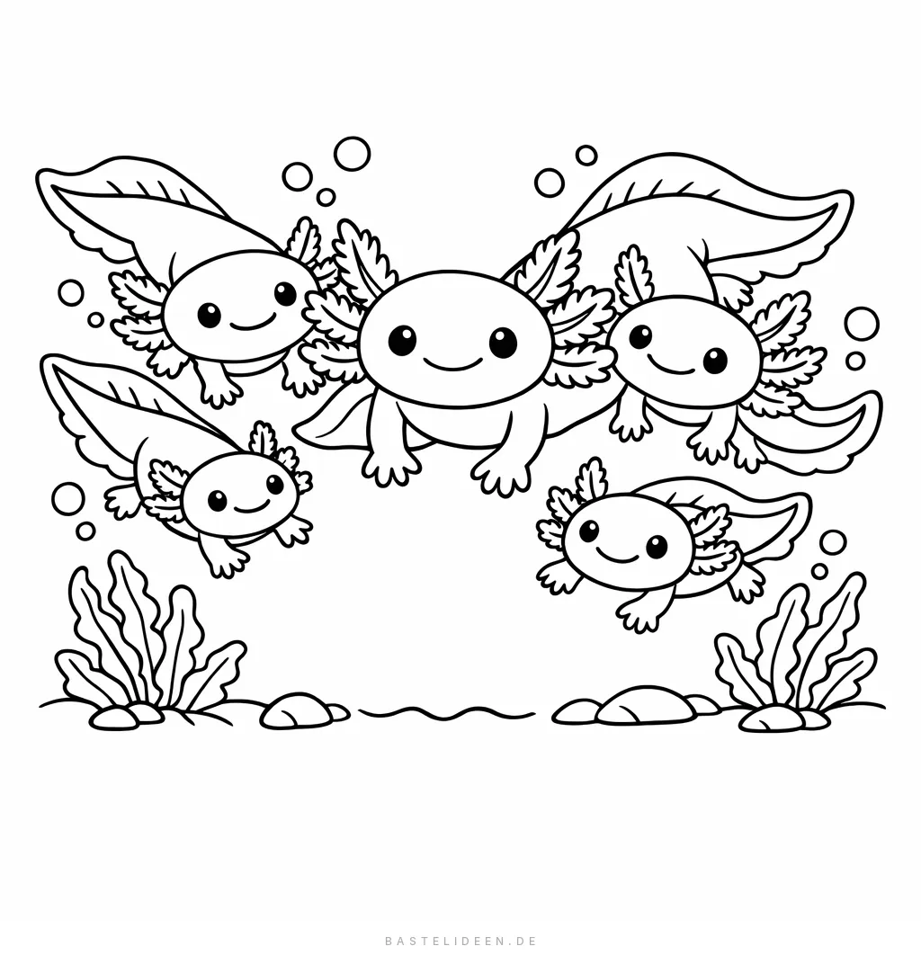Gruppe von Axolotls schwimmt zusammen