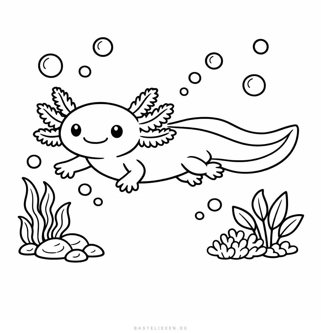 Axolotl schwimmt unter Wasser mit Pflanzen