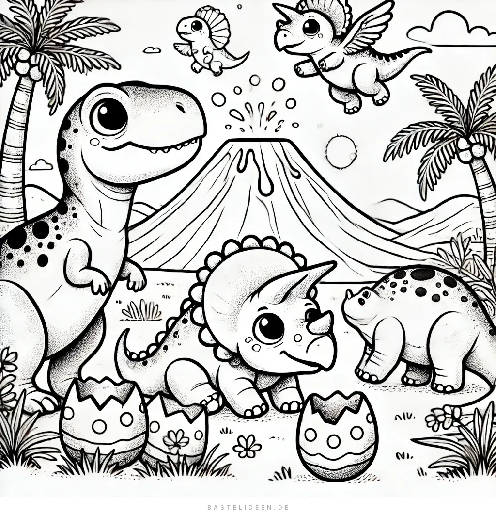 Niedliche Baby-Dinosaurier vor ausbrechendem Vulkan