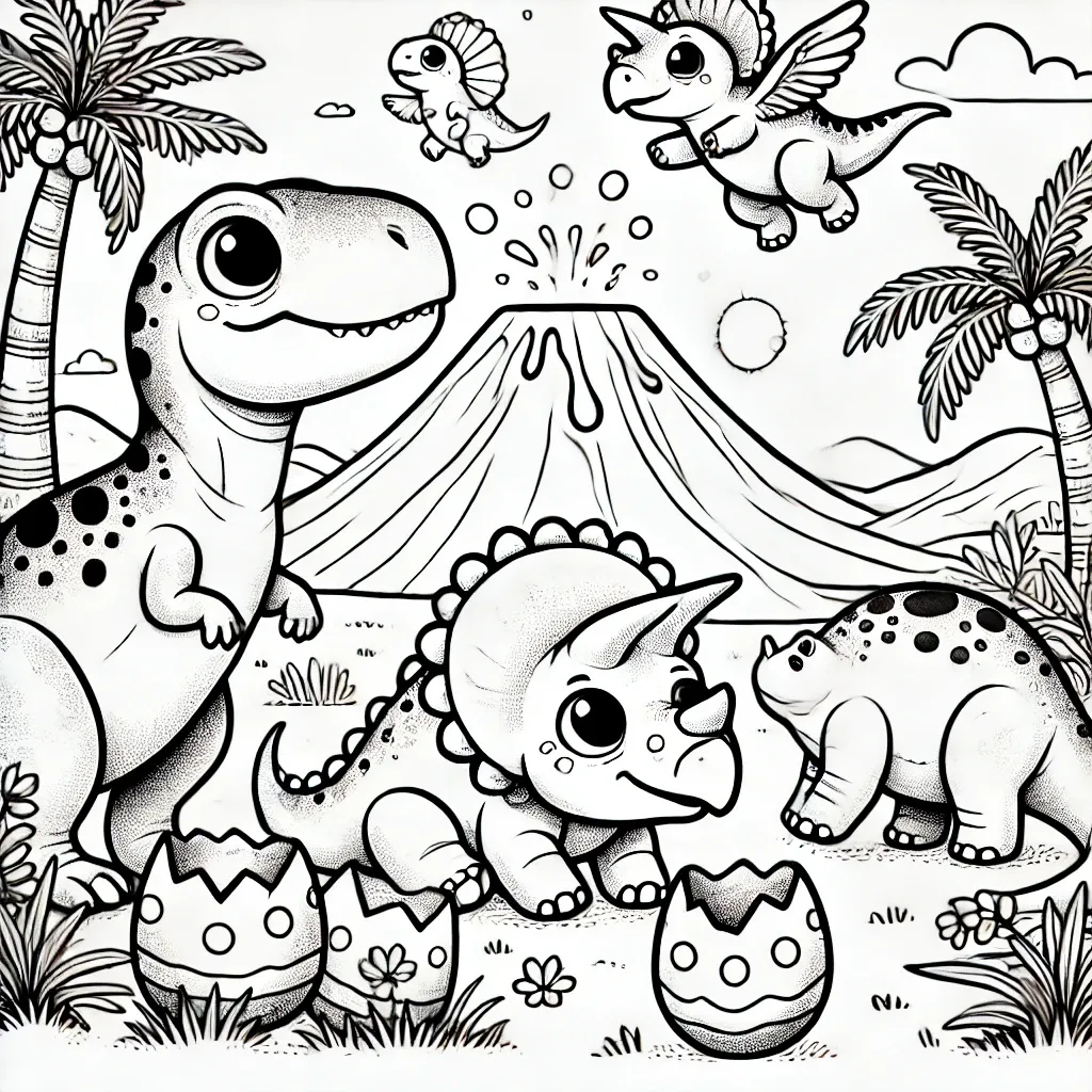 Niedliche Baby-Dinosaurier vor ausbrechendem Vulkan