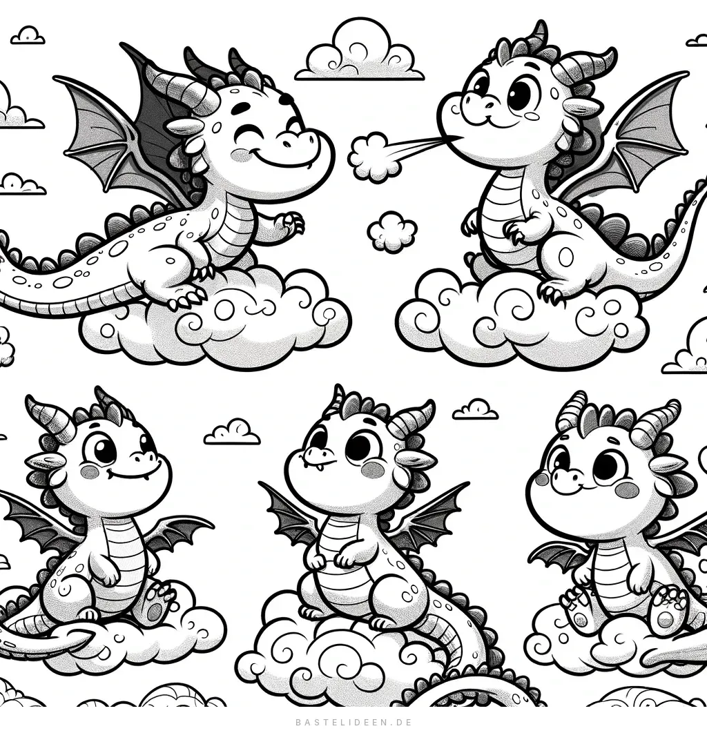 Verspielte Babydrachen sitzen auf Wolken