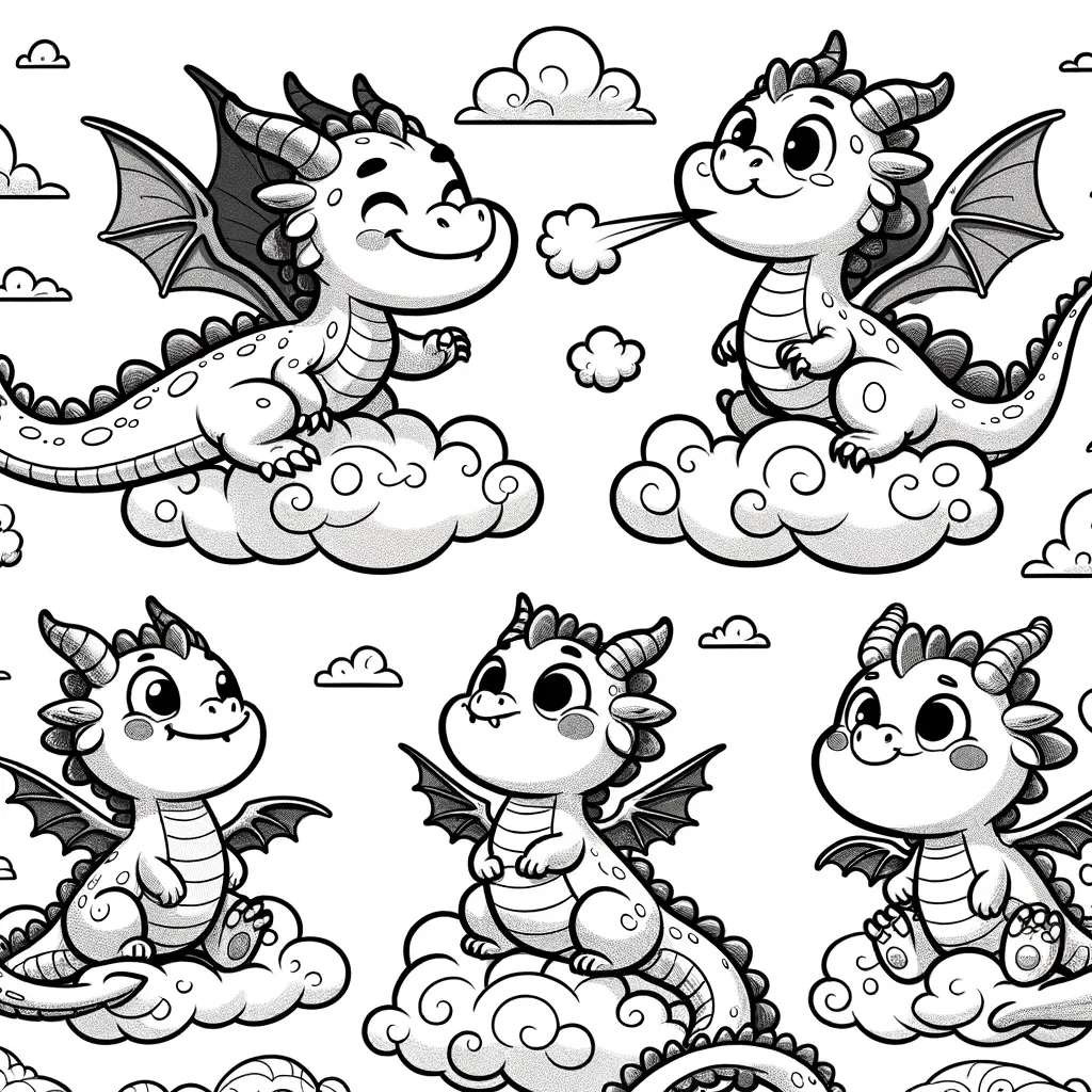 Verspielte Babydrachen sitzen auf Wolken