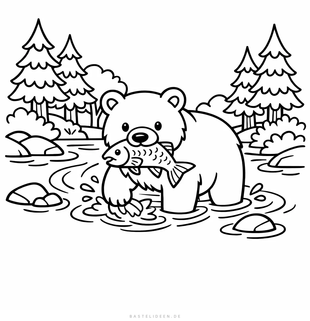 Bär fängt Fisch im Waldfluss