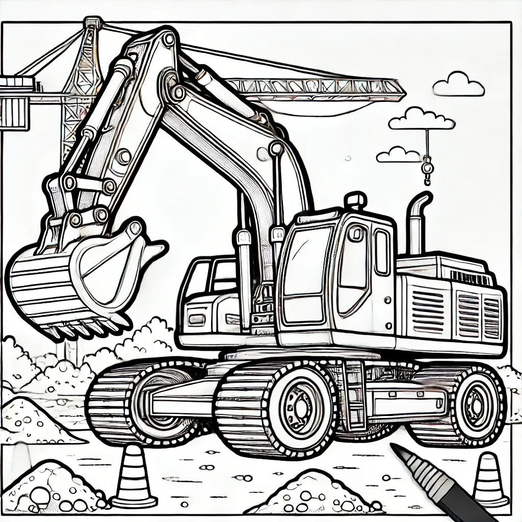 Bagger mit Schaufel neben Kran und Pylonen