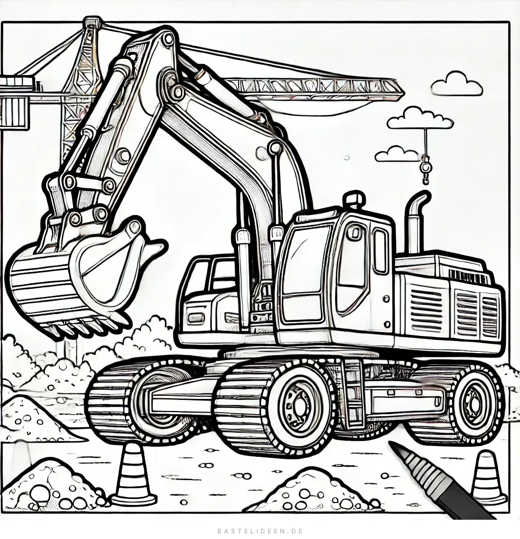 Bagger mit Schaufel neben Kran und Pylonen