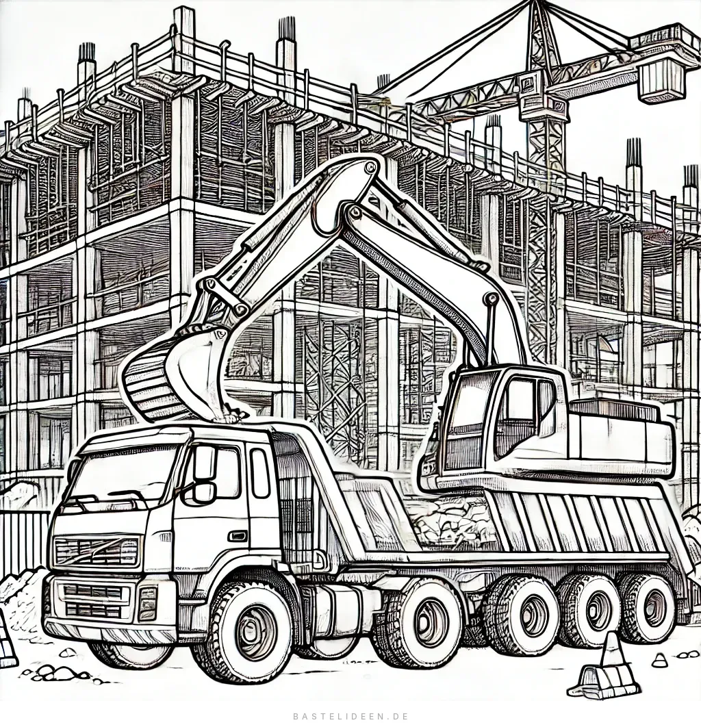 Bagger und Kipplaster vor Gebäude im Rohbau