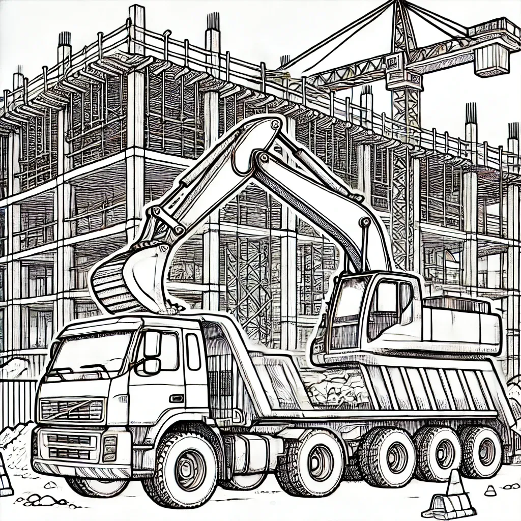 Bagger und Kipplaster vor Gebäude im Rohbau