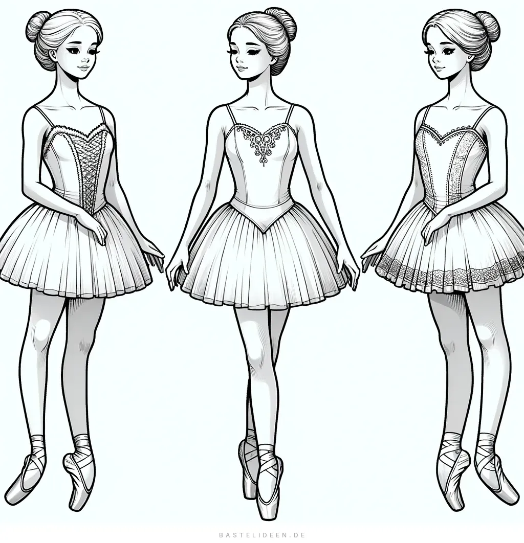 Drei Ballerinas nebeneinander stehend mit verschiedenen Tutus