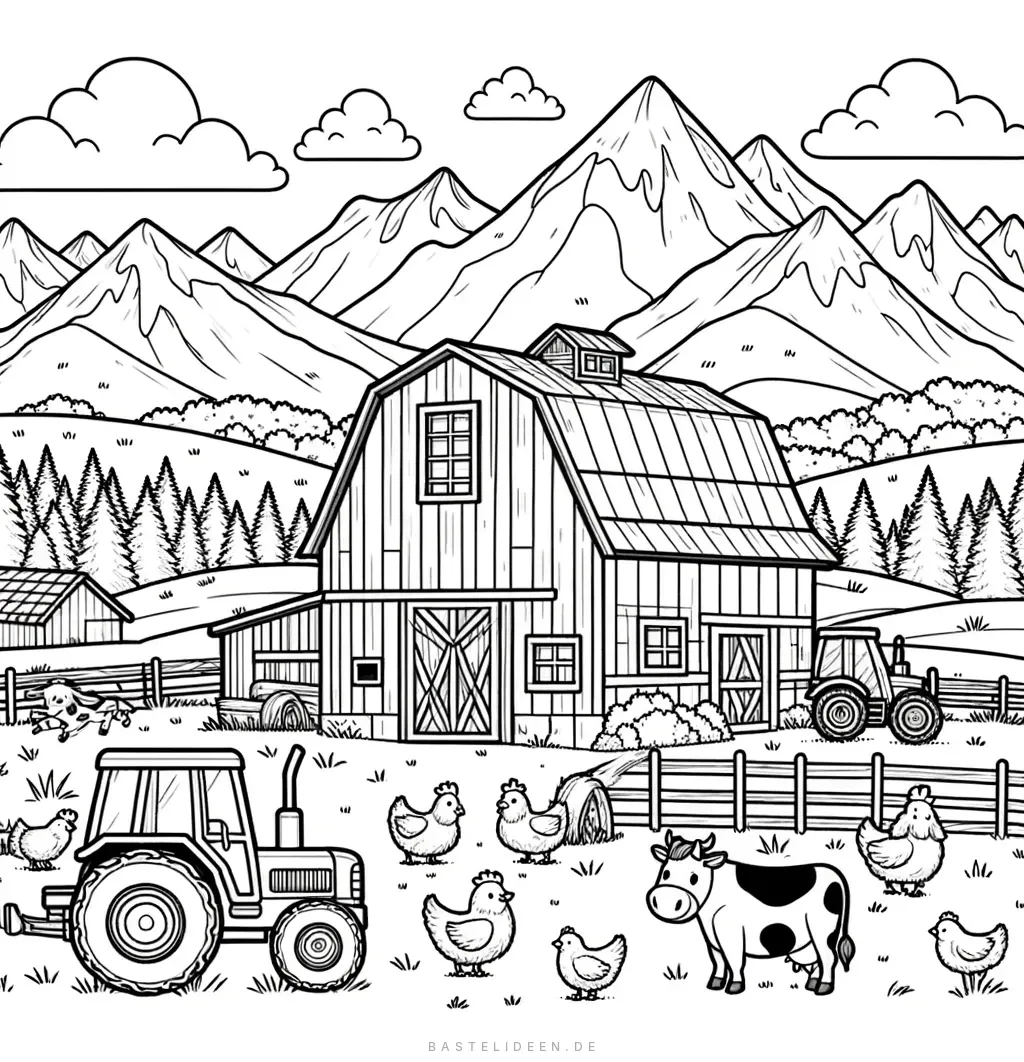 Bauernhof mit Scheune, Traktor und Bergen