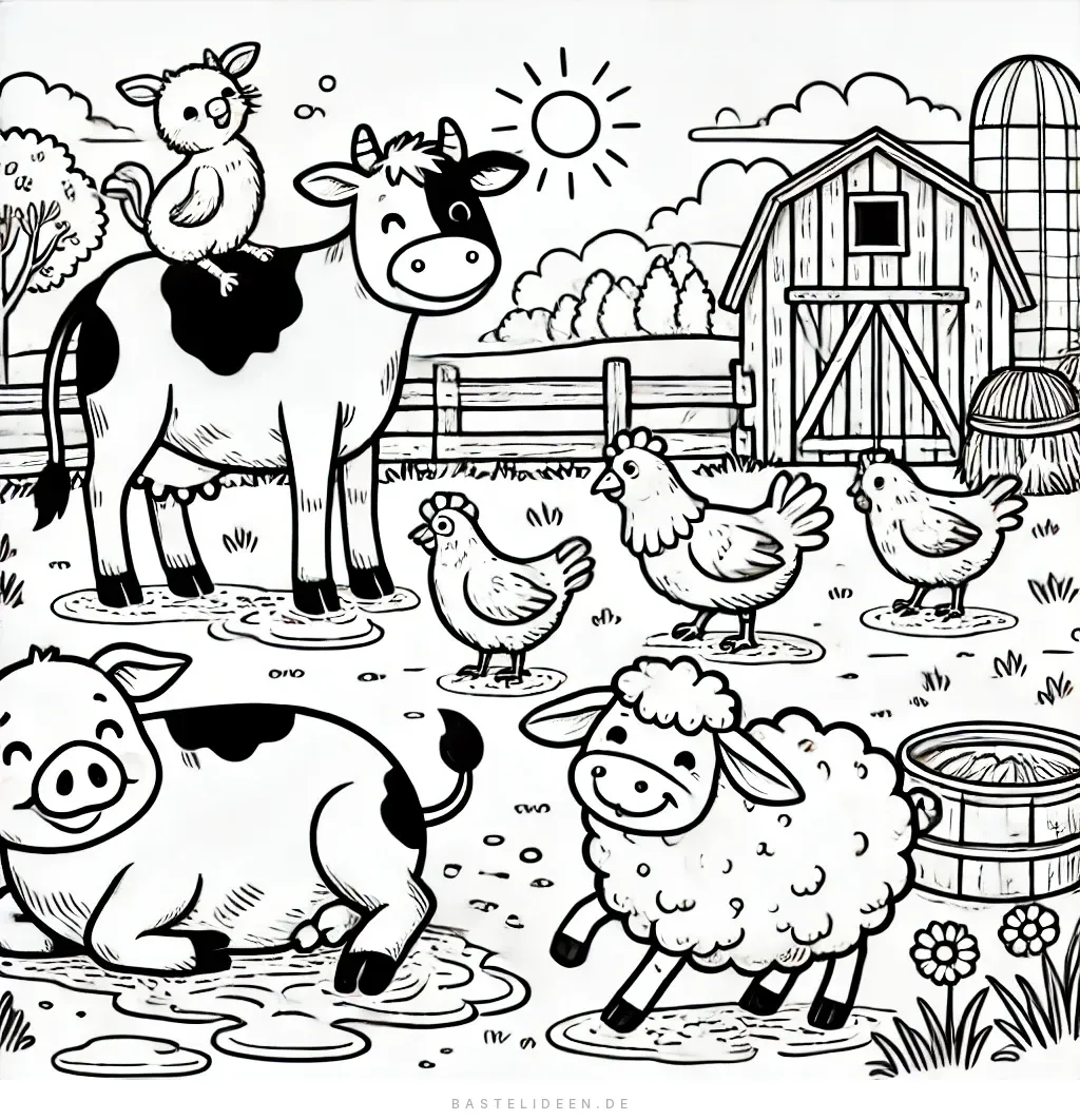 Glückliche Bauernhoftiere an einem sonnigen Tag