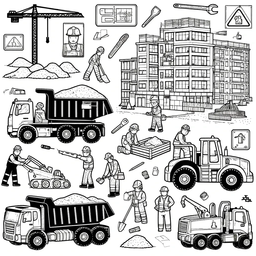Bauarbeiter mit Kipplastern, Kraenen und Planierraupen