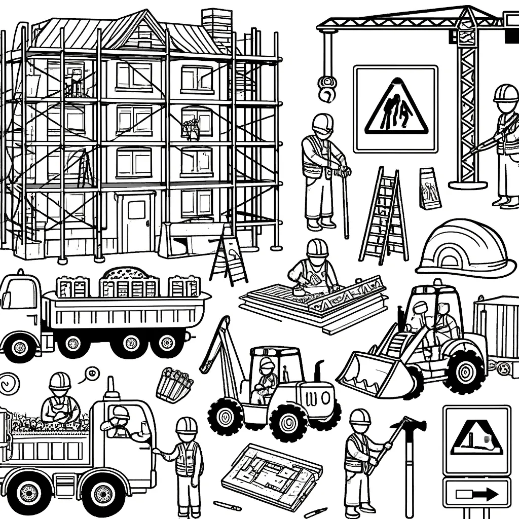 Lebhafte Baustelle mit Geruest, Kran und Werkzeugen
