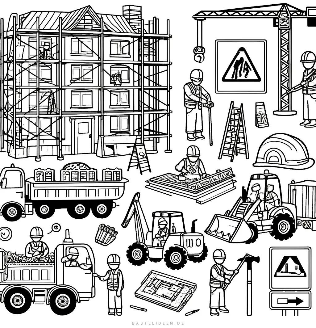 Lebhafte Baustelle mit Gerüst, Kran und Werkzeugen