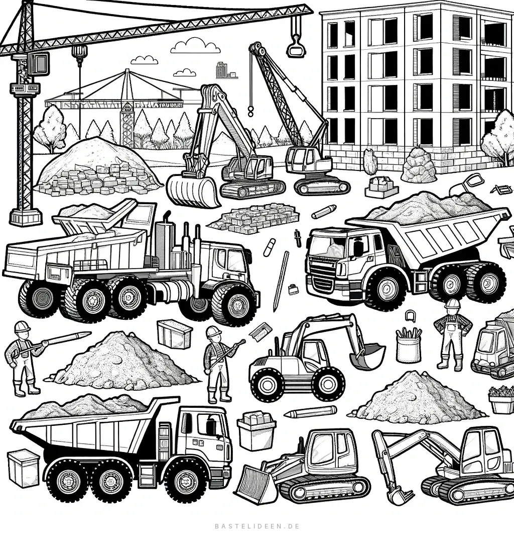 Baustelle mit Kränen, Kipplastern und Baggern