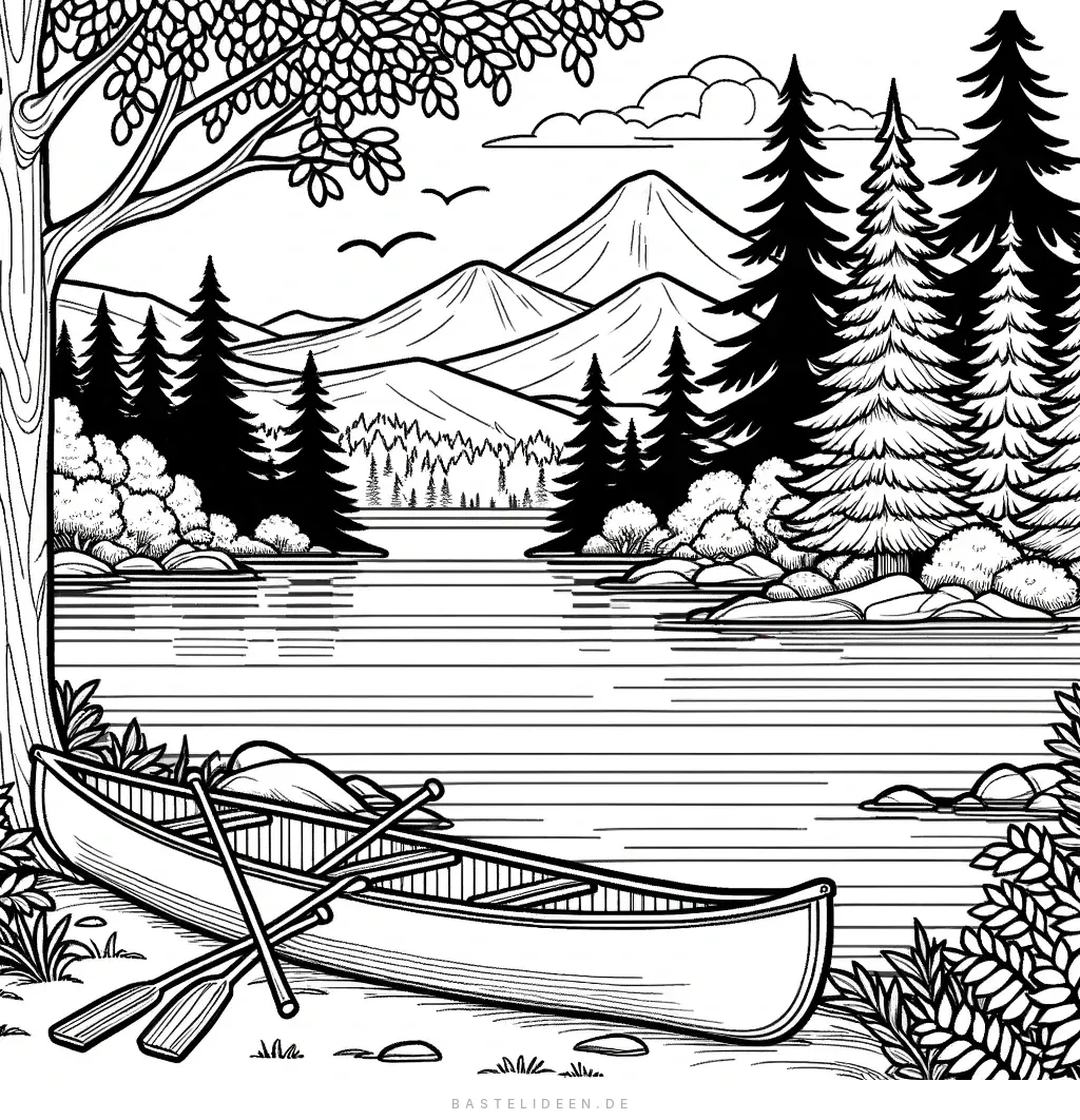 Bergsee mit Kanu und Kiefernwald