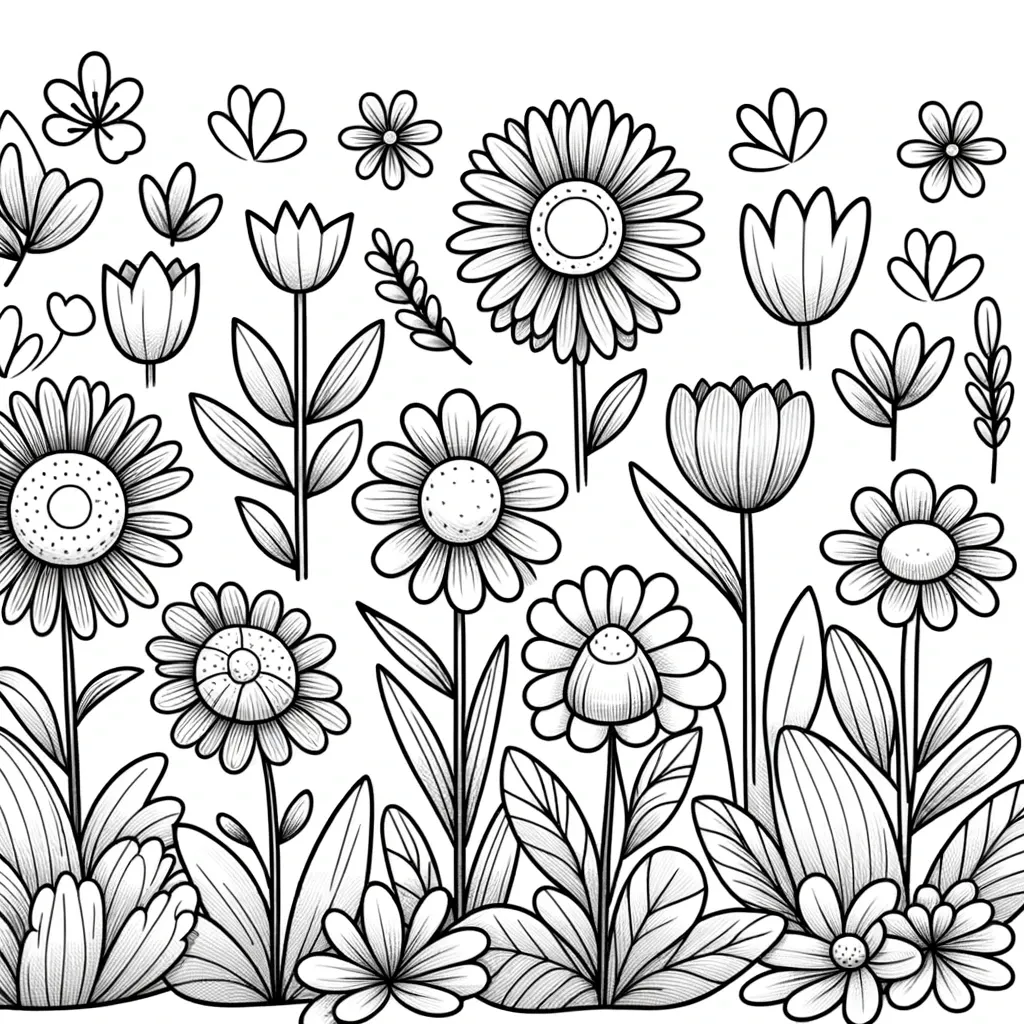 Blumengarten mit Tulpen, Margeriten und kleinen Blumen in einer Reihe