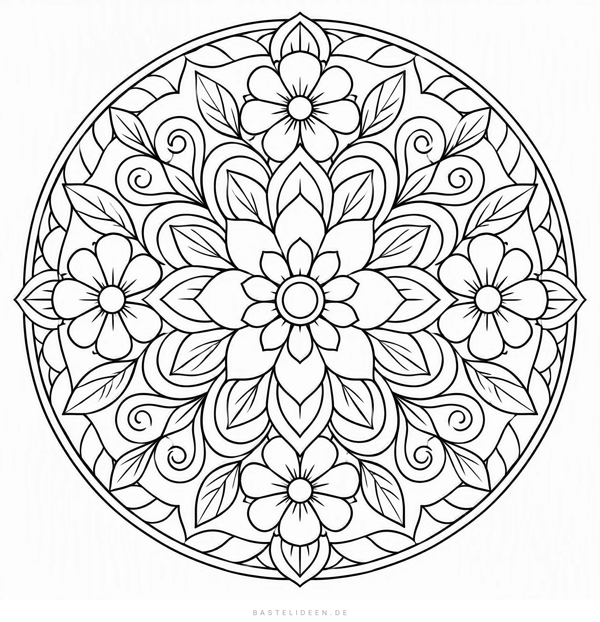 Rundes Blumen-Mandala mit Blüten, Blättern und Ranken