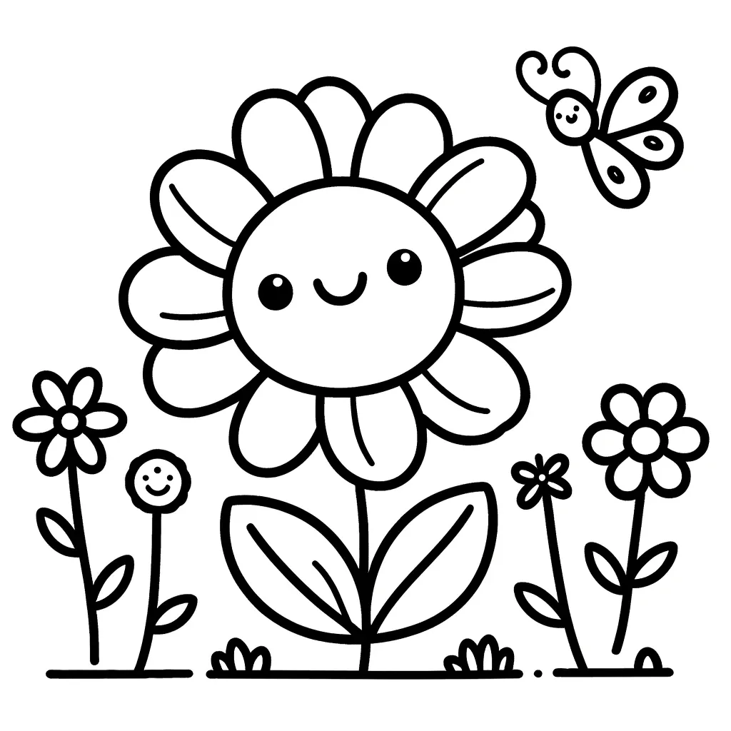 Lächelnde Blumen mit Schmetterling im Garten