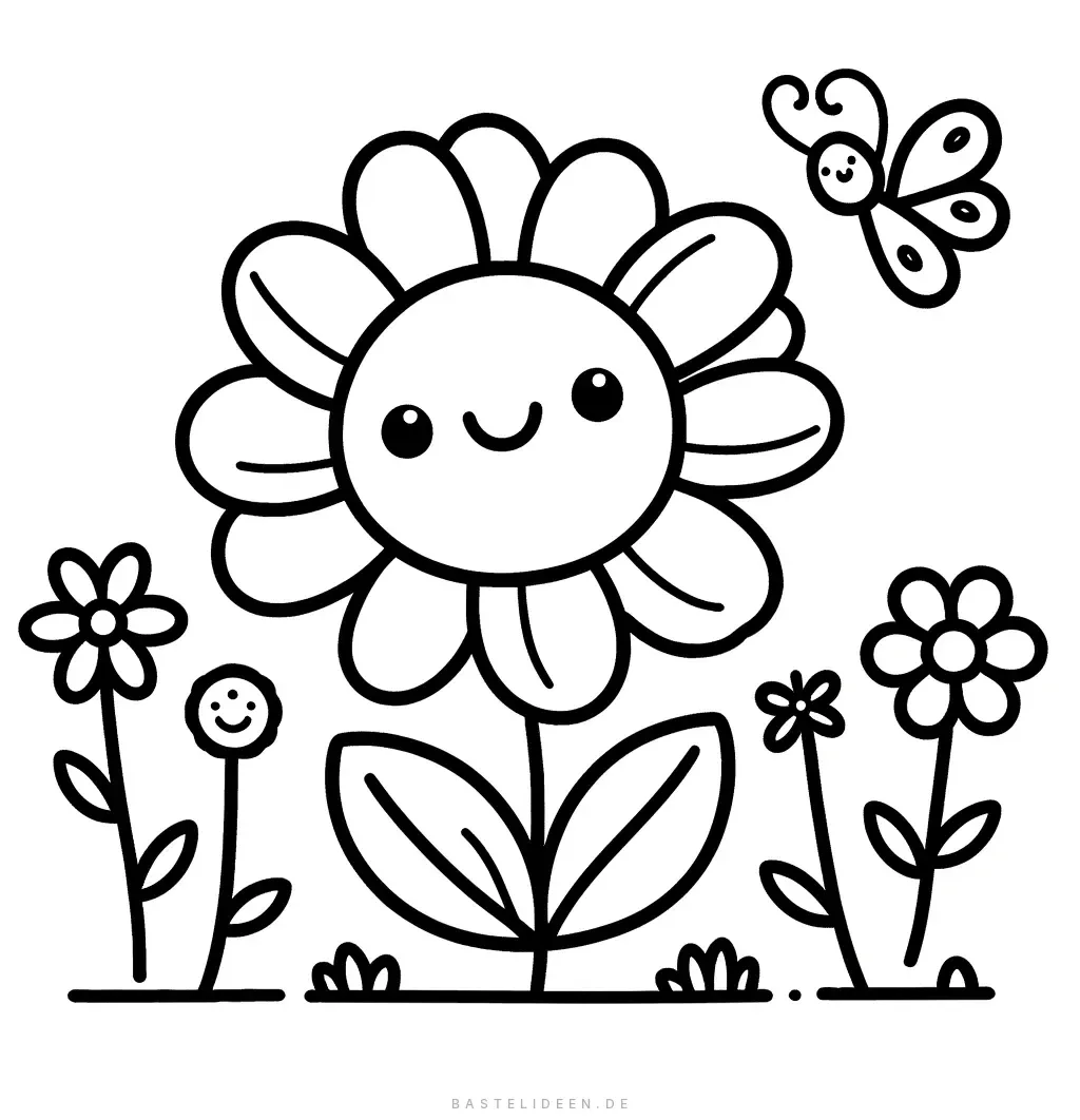 Lächelnde Blumen mit Schmetterling im Garten