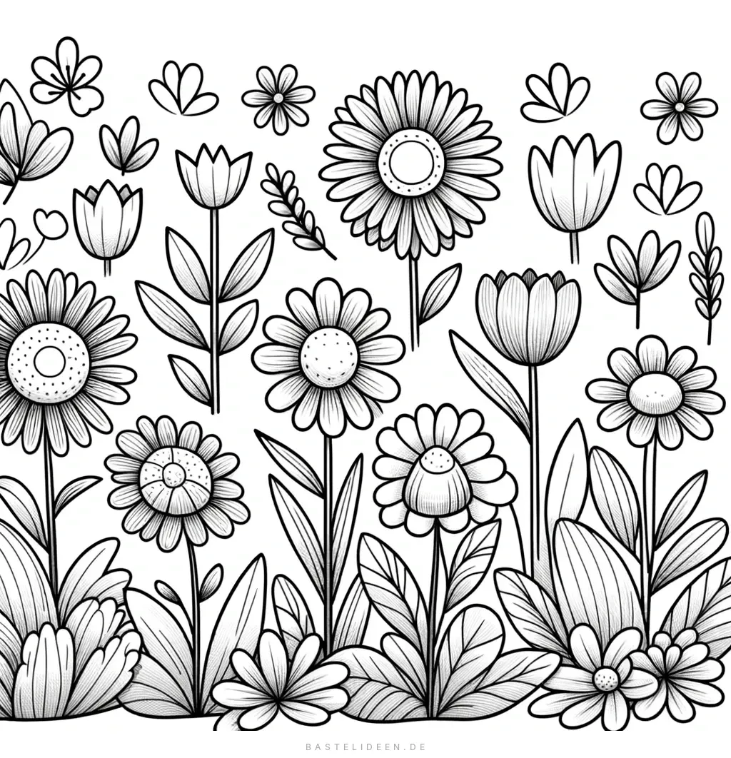 Blumengarten mit Tulpen, Margeriten und kleinen Blumen in einer Reihe