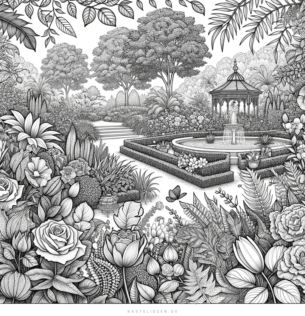 Gartenszene mit Springbrunnen, Pavillon und Blumen