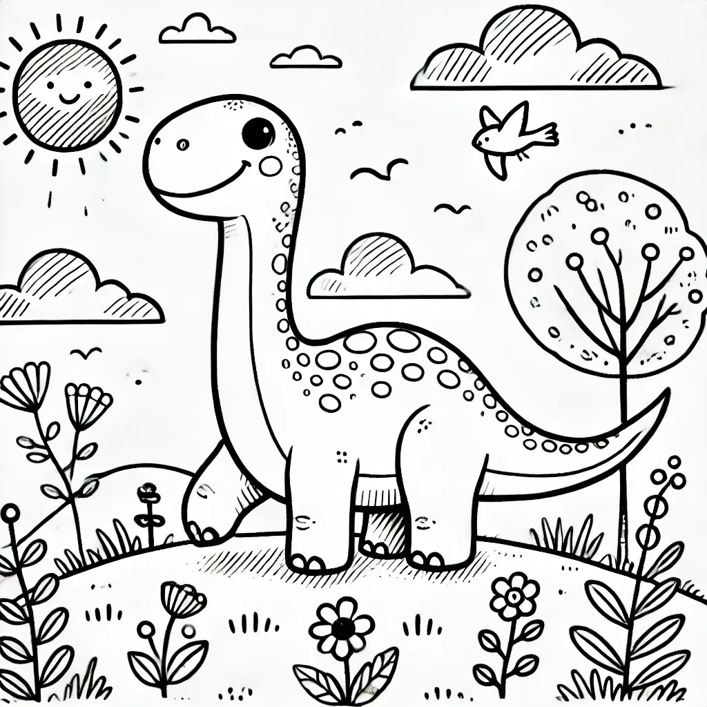 Lächelnder Brachiosaurus auf Blumenwiese mit Sonne und Vogel