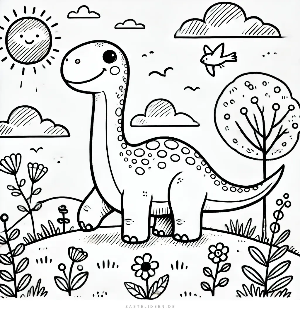 Lächelnder Brachiosaurus auf Blumenwiese mit Sonne und Vogel