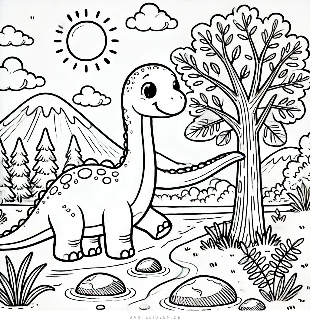 Brachiosaurus am Flussufer greift nach Baum vor Bergkulisse