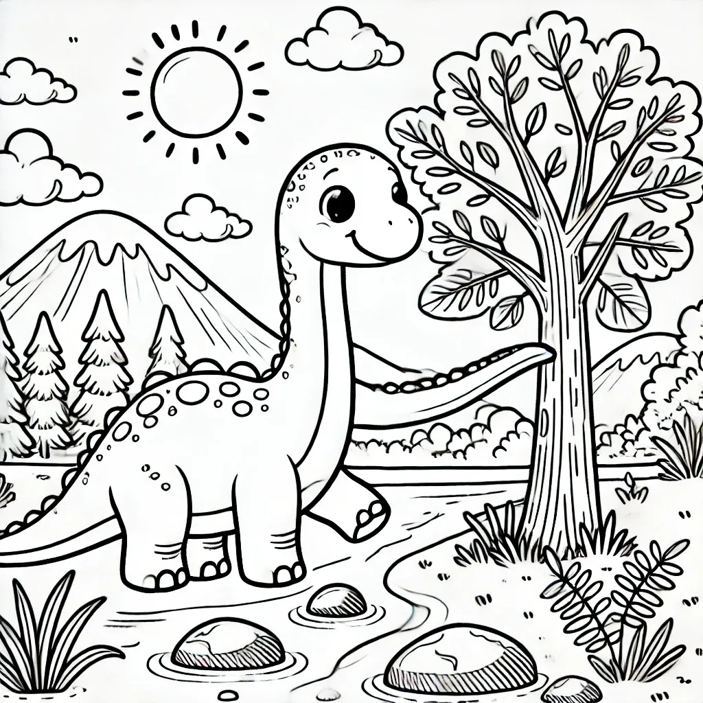 Brachiosaurus am Flussufer greift nach Baum vor Bergkulisse