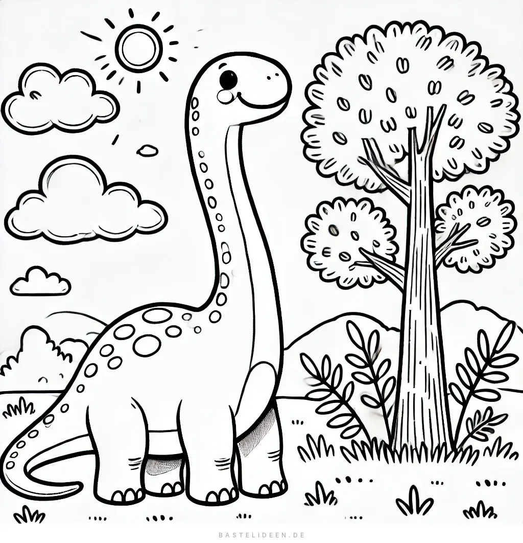 Freundlicher Brachiosaurus mit Flecken zwischen Bäumen und Büschen