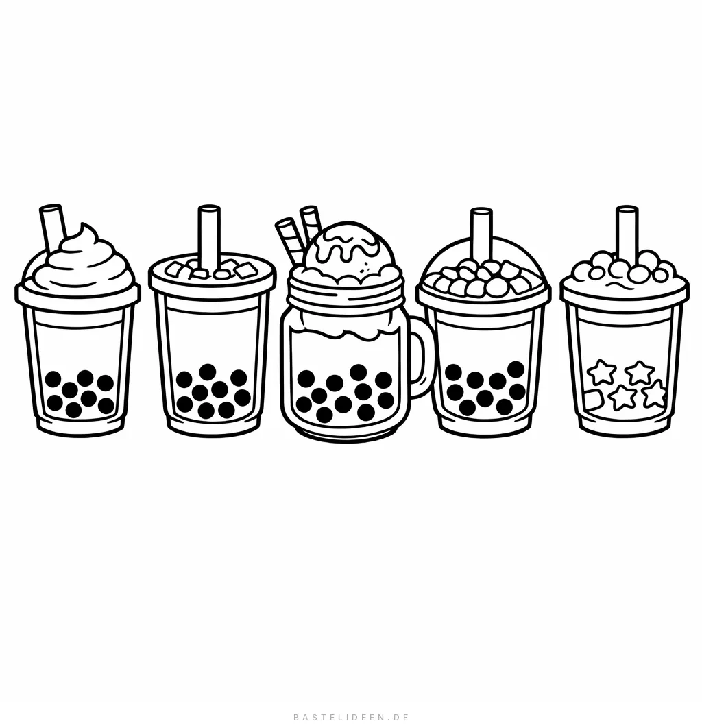 Fünf verschiedene Bubble-Tea-Becher nebeneinander