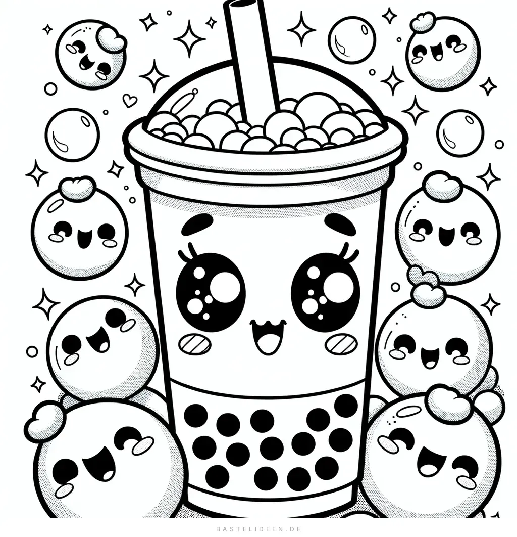 Bubble-Tea-Becher mit süßen Gesichtern und Blasen