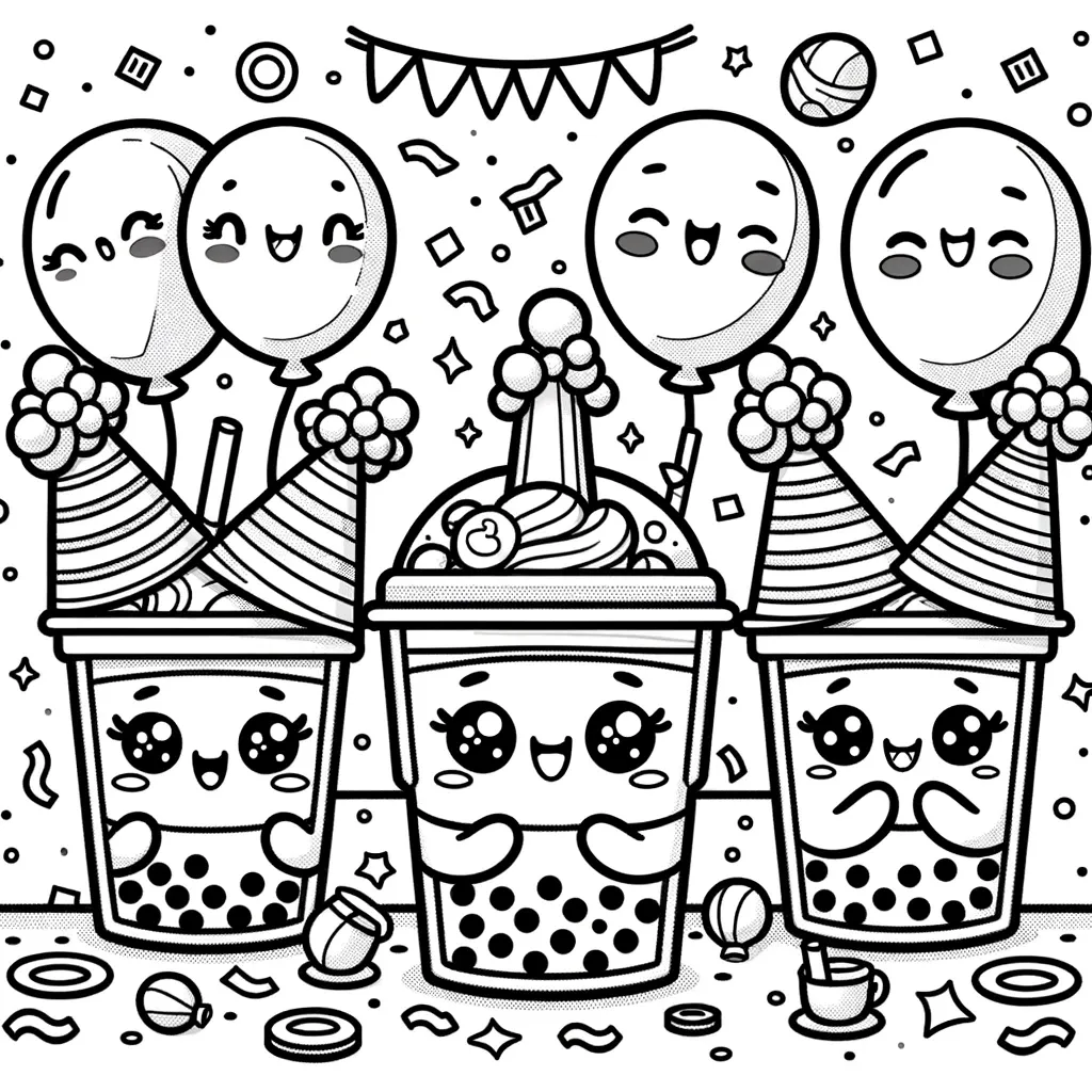 Bubble-Tea-Becher mit Partyhüten und Luftballons