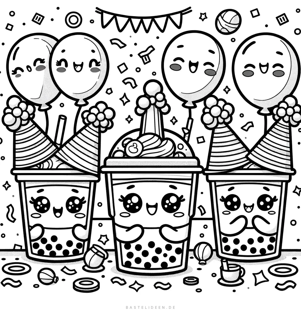 Bubble-Tea-Becher mit Partyhüten und Luftballons