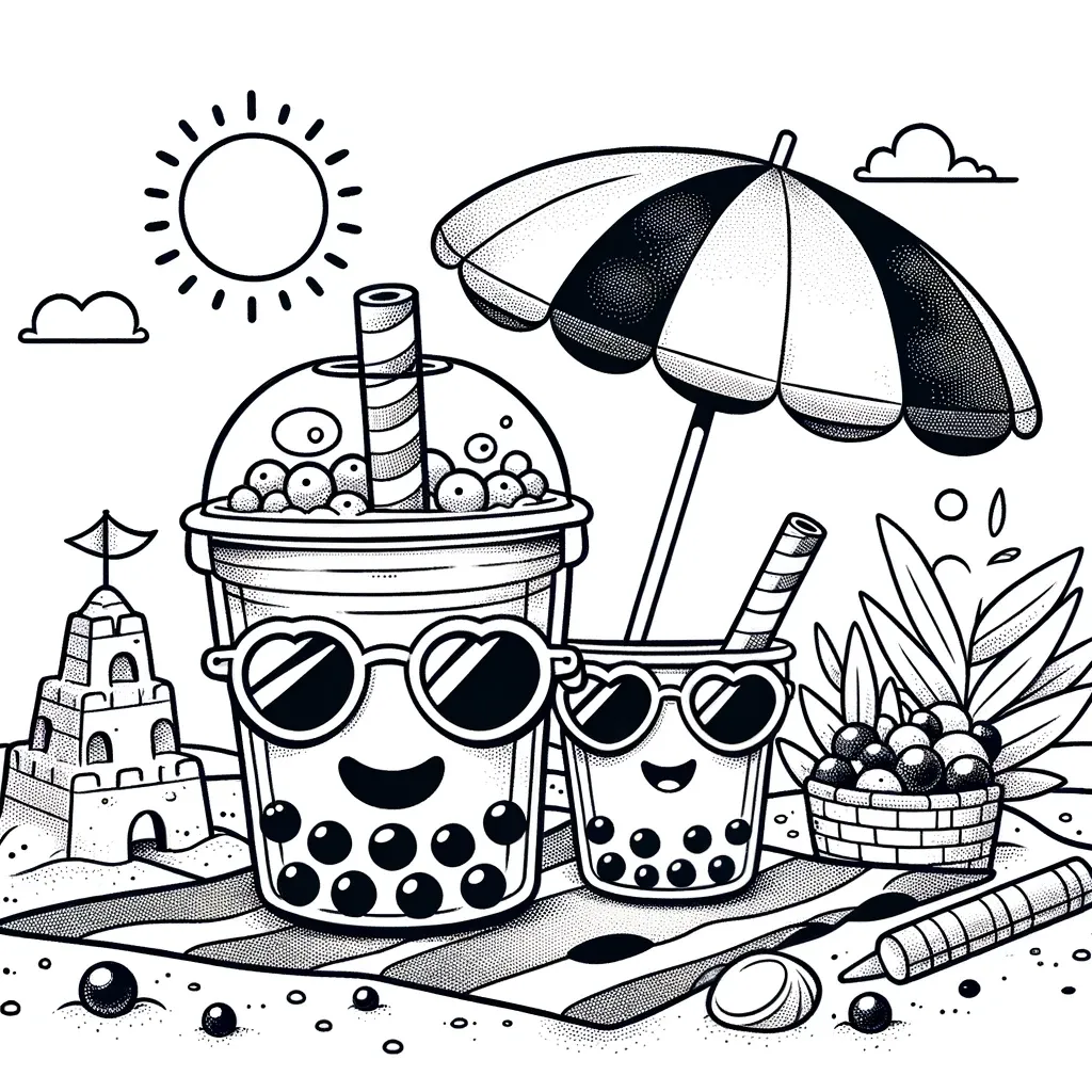 Bubble-Tea-Becher mit Sonnenbrillen am Strand