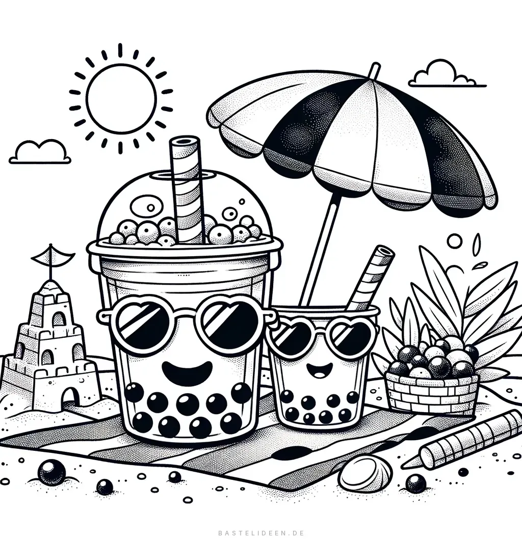 Bubble-Tea-Becher mit Sonnenbrillen am Strand