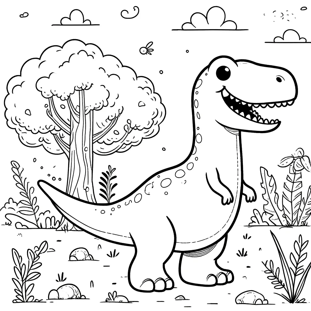 Niedlicher Carnotaurus in praehistorischer Landschaft mit Bäumen