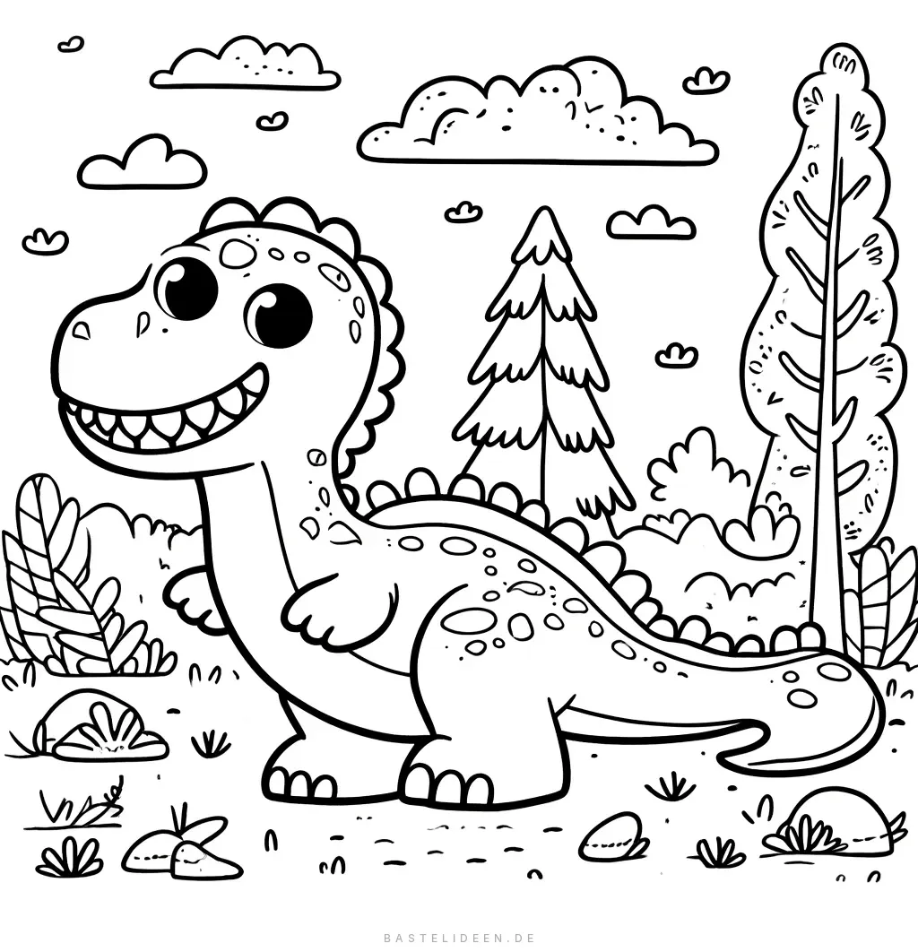 Lächelnder Dinosaurier in lebendiger Waldszene