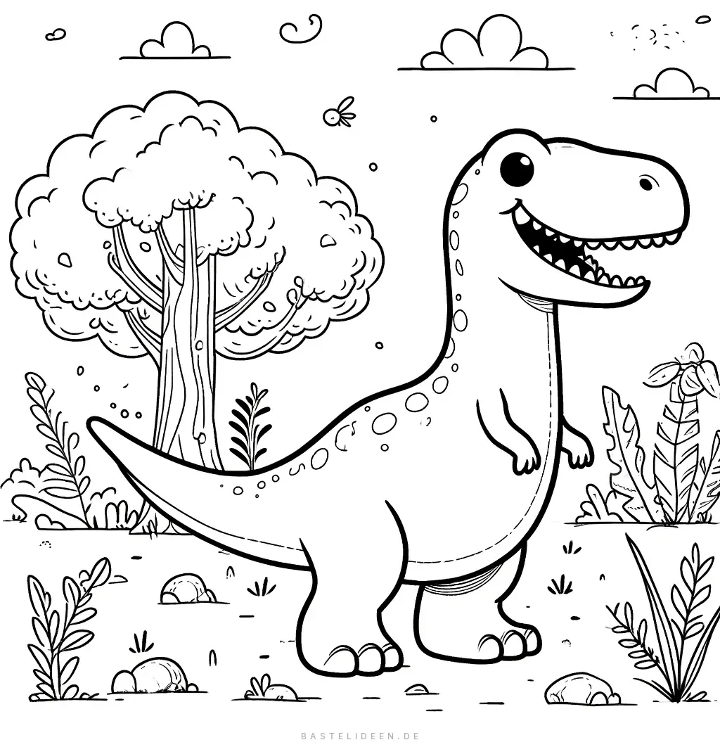 Niedlicher Carnotaurus in prähistorischer Landschaft mit Bäumen