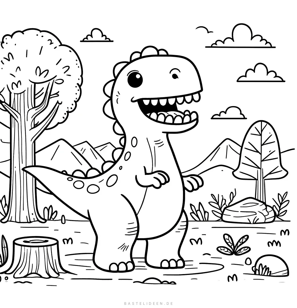 Verspielter Carnotaurus mit Bergen und Wolken