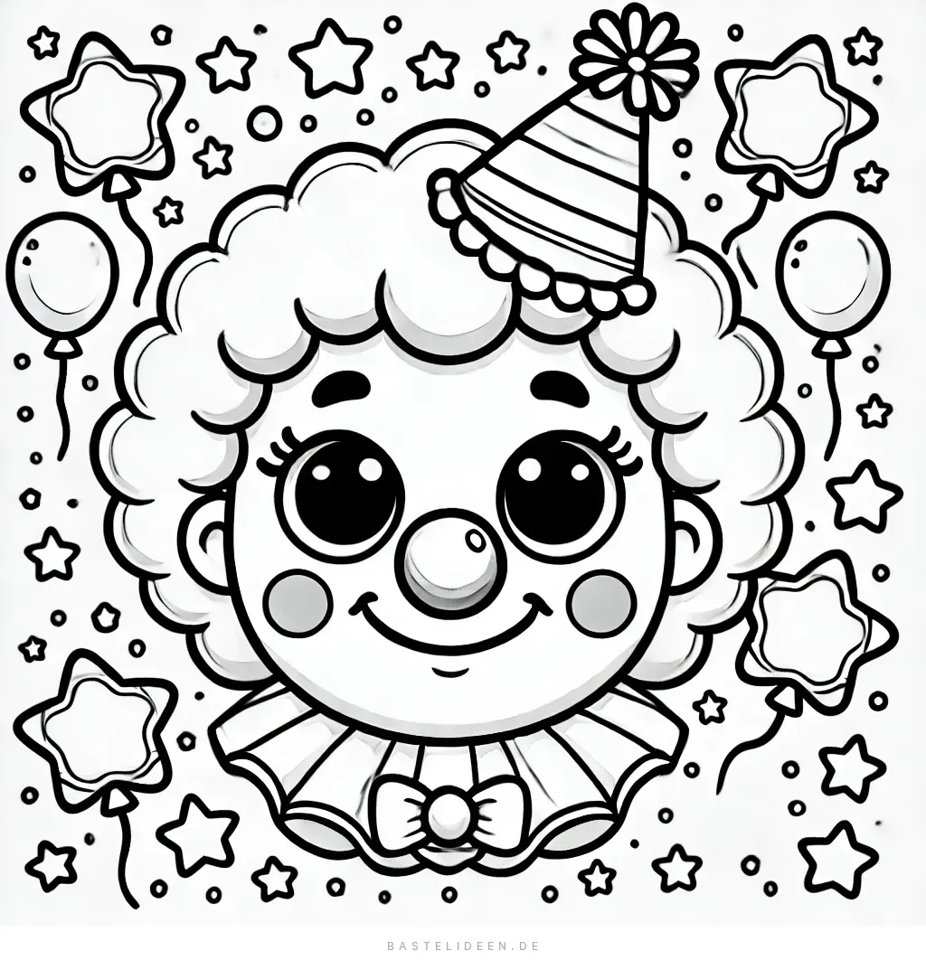 Fröhlicher Clown mit lockigem Haar, Ballons und Sternen