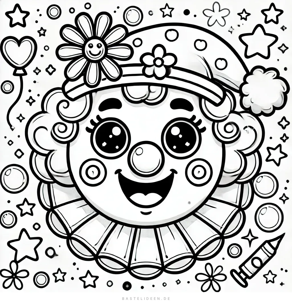 Fröhlicher Clown mit lockigem Haar und Blumenhut