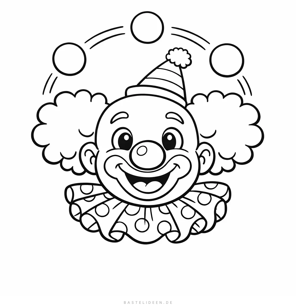 Fröhliches Clown-Gesicht mit Jonglierbällen und gepunktetem Kragen